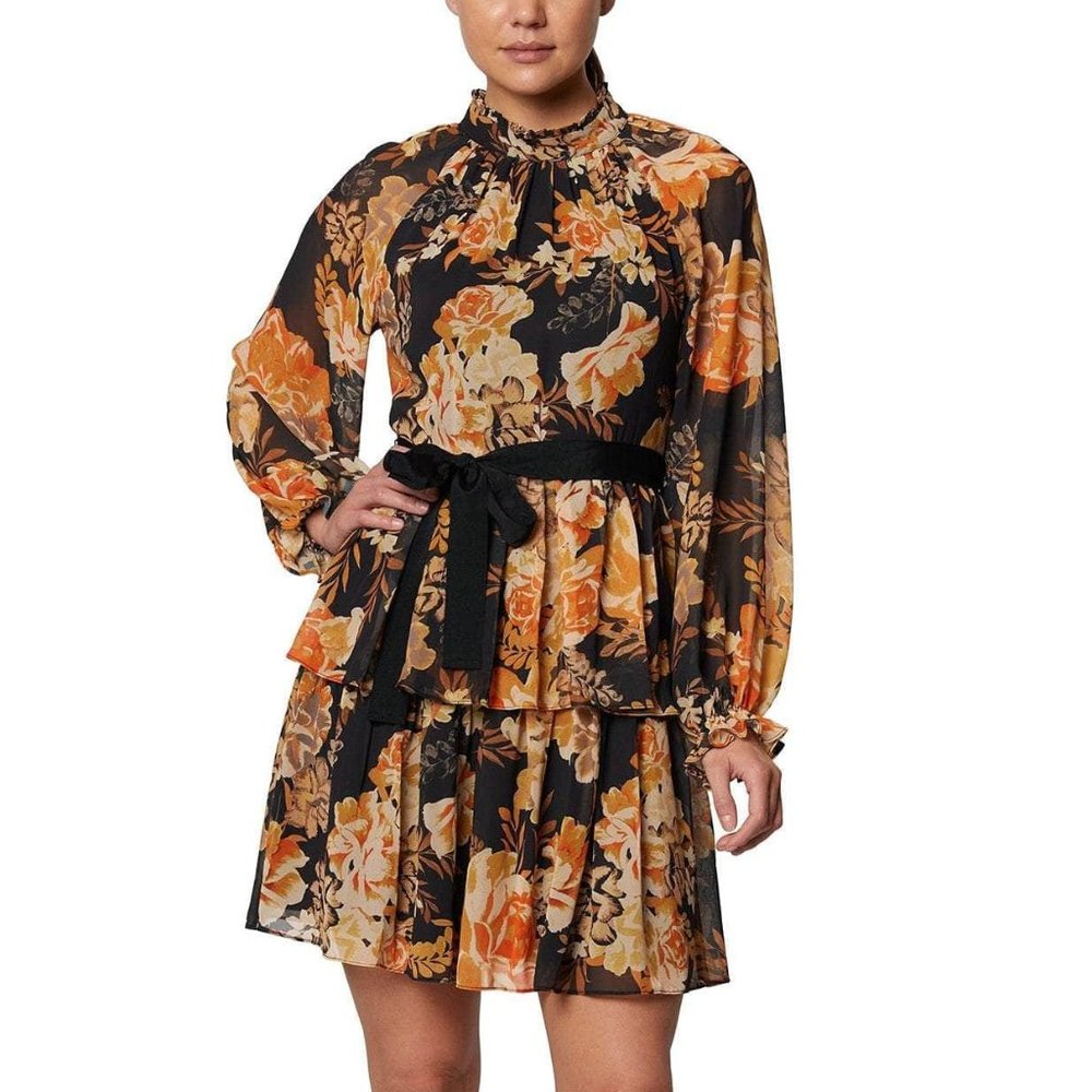 LAUNDRY Shelli Segal Autumn Floral Long Sleeve A Line Dress SMALL Flowy Fall 2